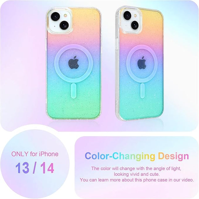 Glitter Case for iPhone 13 & 14 Case for Women Girls [ Compatible with Magsafe ] Clear Cute Girly Aesthetic Iridescent Rainbow Sparkly Bling Magnetic Phone Cover, Gradient Blue & Pink