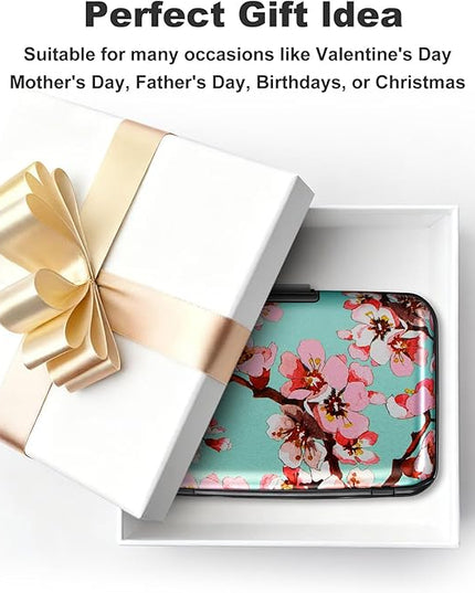 ELFISH Mini RFID Aluminum Wallet Credit Cards Holder Business Card Case Metal ID Case for Men Women（Pink Peach Blossom