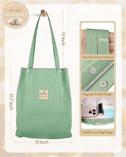 Aesthetic 2 Pack Corduroy Tote Bag - with Makeup Pouch Bag for Women Reusable Grocery Bag for Gym, Travel, Work