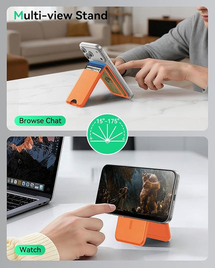 Fanseesy for MagSafe Wallet with Stand, 5 Card Holder, Slim Leather Magnetic Wallet for iPhone 17/16/15/14/13/12 Pro Max Plus Air Series, 3 Card Slots & 1 Cash Slot,Orange