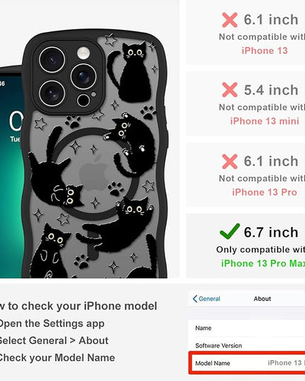 Cute Case for iPhone 13 Pro Max Case [Compatible with MagSafe] with Kawaii Black Cats Cat Print Pattern Design for Women Girls, Soft Wavy Edge Anti-Slip Animal Magnetic Protective Phone Cover