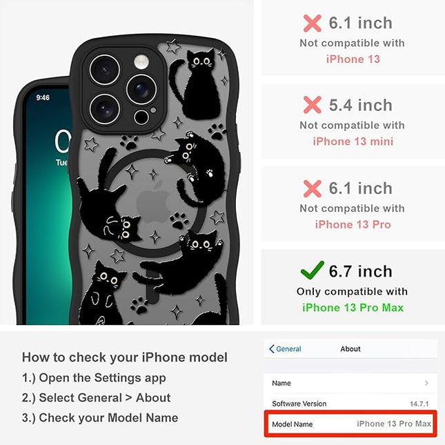 Cute Case for iPhone 13 Pro Max Case [Compatible with MagSafe] with Kawaii Black Cats Cat Print Pattern Design for Women Girls, Soft Wavy Edge Anti-Slip Animal Magnetic Protective Phone Cover