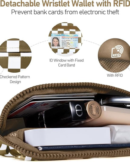 Clip and Go Strap for Phone with Wallet Crossbody Phone Lanyard and Detachable Checkered Bag with ID Window and RFID Pouch for Daily Travel.