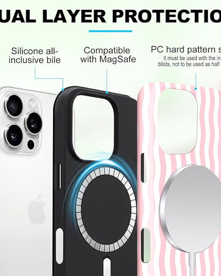 Magnetic for iPhone 11 Case Cute Wavy Stripes Phone Case, Shockproof Slim TPU and Hard PC Protective Phone Cover Compatible with MagSafe Designed for Women Girls, Pink