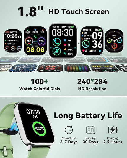 Smart Watches for Women/Men, Smart Watch for Android Phones and iPhone Compatible, Alexa Built-in, 1.8" Fitness Watches for Women, IP68 Waterproof /Bluetooth Call, Heart Rate/Sleep Monitor, Green