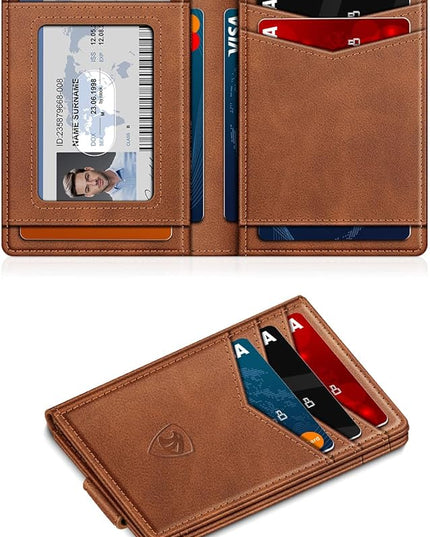 ZALVEX Wallet for Men Slim Leather Wallets for 12-15 Cards, Minimalist Thin RFID Blocking Card Holder with Money Clip & ID Window, Small Bifold Front Pocket Wallet, Gifts for Men