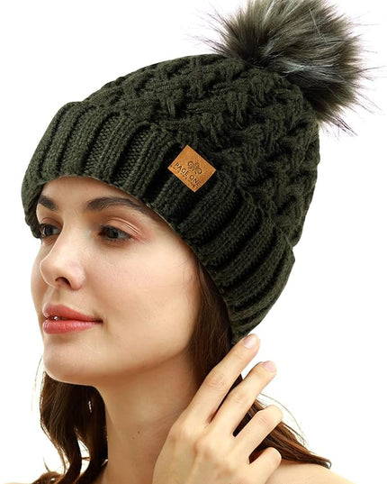 PAGE ONE Womens Winter Ribbed Beanie Crossed Cap Chunky Cable Knit Pompom Soft Warm Hat