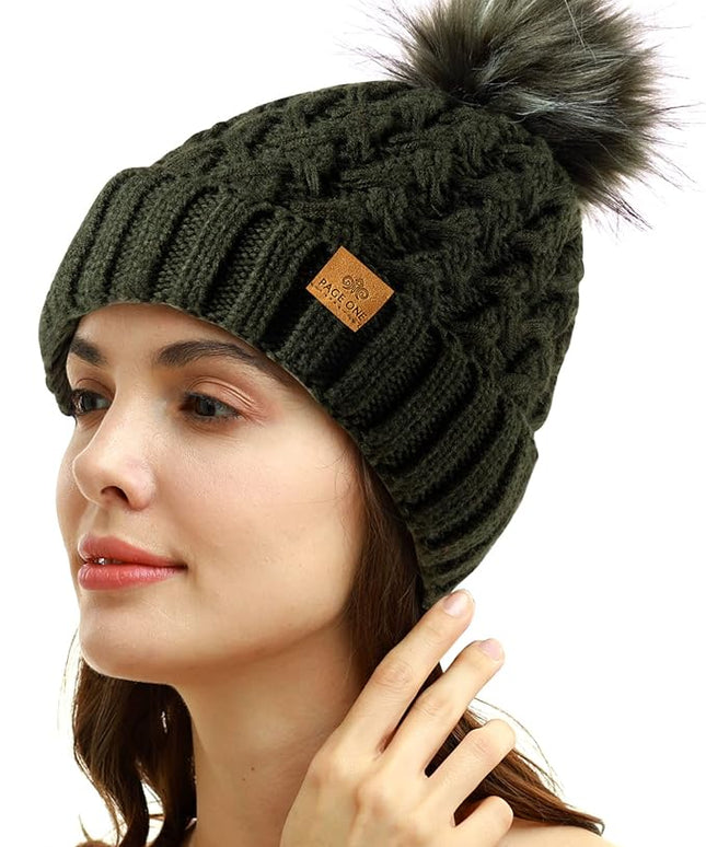 PAGE ONE Womens Winter Ribbed Beanie Crossed Cap Chunky Cable Knit Pompom Soft Warm Hat