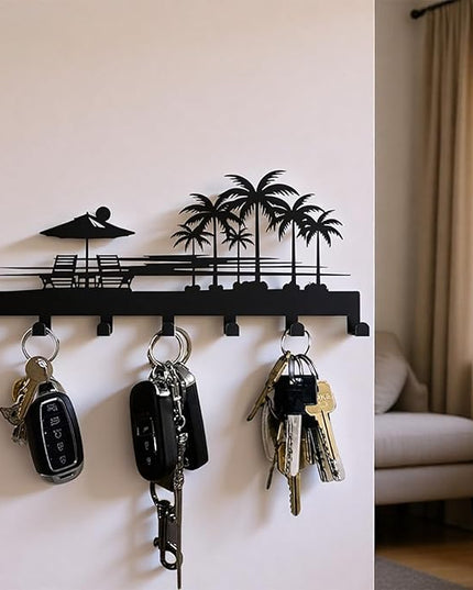 useNumber Bench Key Holder for Wall,Setting Sun and Coconut Trees Key Hooks Wall Mount Whith 7 Hooks,Tropical Style Key Hanger Wall Decor for Front Door,Hallway,Entryway,Office