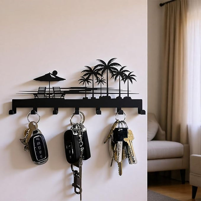 useNumber Bench Key Holder for Wall,Setting Sun and Coconut Trees Key Hooks Wall Mount Whith 7 Hooks,Tropical Style Key Hanger Wall Decor for Front Door,Hallway,Entryway,Office