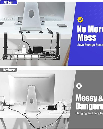 Under Desk Cable Management Tray 2 Pack, Xpatee Wire Management No Screws, Cable Tray with Clamp for Wire Management, Computer Code Rack for Office, Home - No Damage to Desk Black