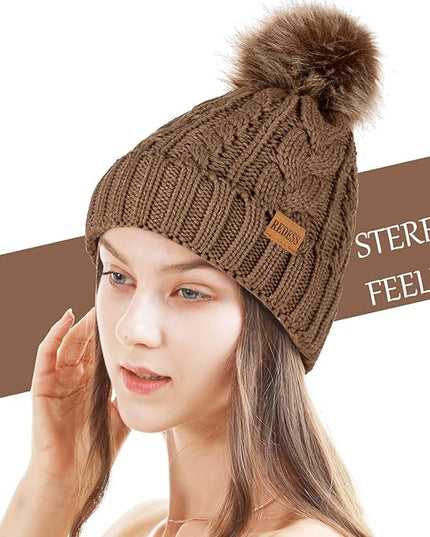 REDESS Women Winter Pompom Beanie Hat with Warm Fleece Lined, Thick Slouchy Snow Knit Skull Ski Cap