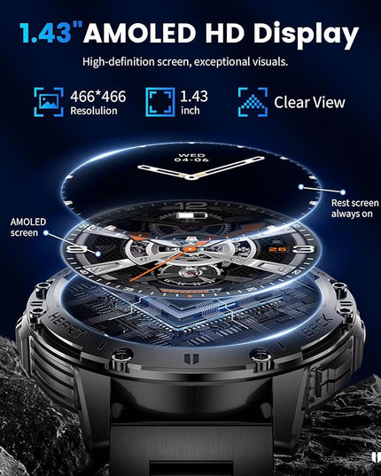 Military Smart Watches for Men(Answer/Make Calls) with LED Flashlight,530mAh Large Battery,1.43’’ AMOLED Heart Rate/Sleep Monitor 5ATM Waterproof Smartwatch for Android iOS,100+Sport Modes,3 Straps