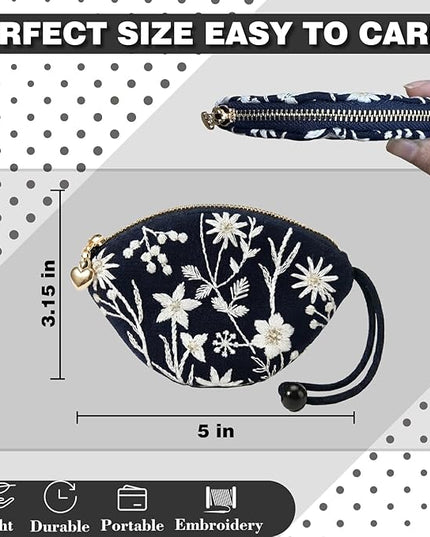 Embroidered Small Coin Purse for Women Girl,Vintage Cute Wallet Zipper Pouch,Handmade Aesthetic Oval Change Purse for Coins,Air-Tag,Small Jewelry Key with Pull-Out Key Ring