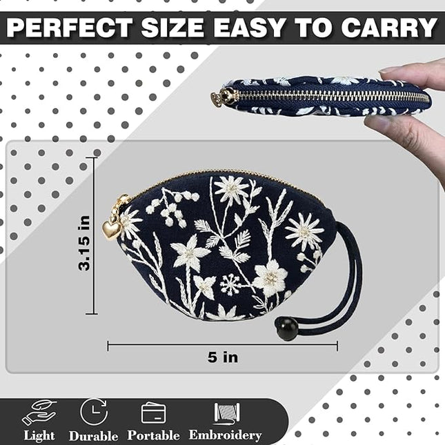 Embroidered Small Coin Purse for Women Girl,Vintage Cute Wallet Zipper Pouch,Handmade Aesthetic Oval Change Purse for Coins,Air-Tag,Small Jewelry Key with Pull-Out Key Ring
