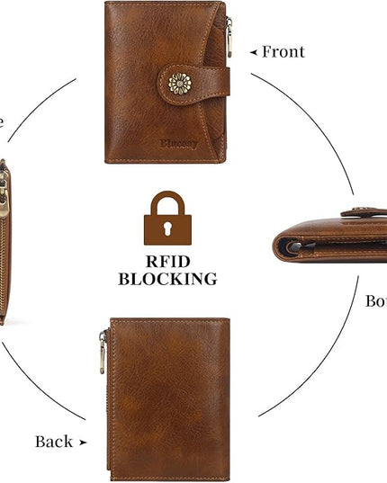 Blucoay Womens Wallet,RFID Blocking Wallet Women,Soft Leather Bifold Small Wallets For Women Card Holder With Removable ID Window darkbrown