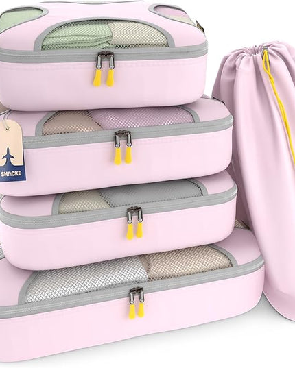 Shacke Premium 5 Packing Cubes Set - Lightweight Mesh Travel Luggage Organizers with Laundry Bag, 5-Piece Suitcase Storage System (Petal Pink)