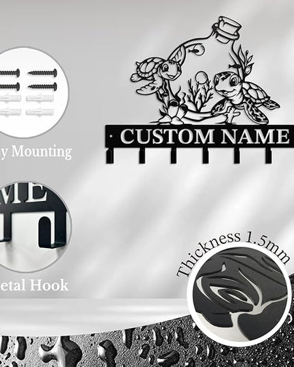 Casebrick Custom Sea Turtle Metal Wall Hooks,Key Holder-Personalized Iron Wall Decor for Keys, Coats & Home Organization (Black, Handmade,Decorative for Entryway, Beach,Bedroom,Office) (Style F)