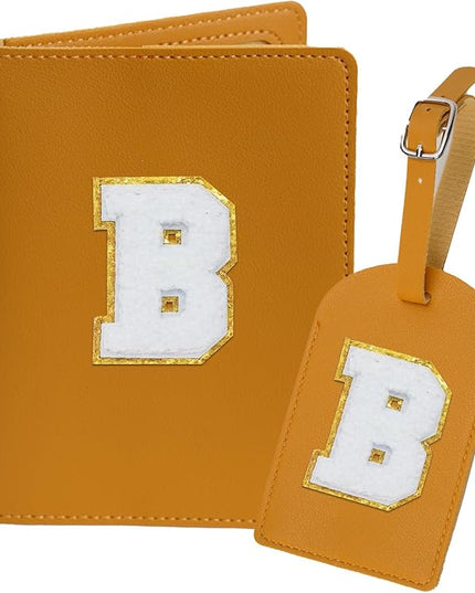Initial Passport Cover Holder and Luggage tag Set,PU Leather Passport Case Travel Suitcase Tag with Letter Patch, Personalized Travel Luggage Accessories Gifts for Women Grils Teenage Ginger B