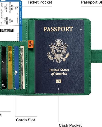 Passport Holder for Travel Passport Holder with Card Slots Holder Passport Case Passport cover for Women and Men Passport Wallet Travel Essentials and Accessories (Buckle, Green)