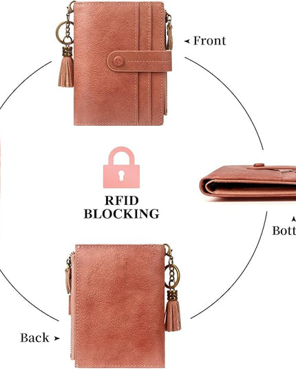 Blucoay Leather Wallet Women,RFID Blocking Small Wallets for Women Bifold Compact Card Holder With Zipper Coin Pocket ID Window Pink