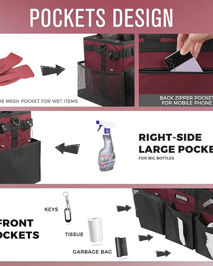 Wearable Cleaning Caddy Bag, Cleaning Caddy Supplies Organizer with Handle & Shoulder Straps for Housekeepers, Under Sink & Car Cleaning Tool Organizers with 4 Foldable Divider (Magenta)