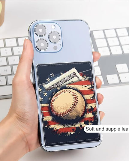 Phone Card Holder, Dual Pocket Leather Wallet Adhesive Stick On, Cute Credit Card Holder for Smartphones Case Compatible with Most Phone（American flag baseball）