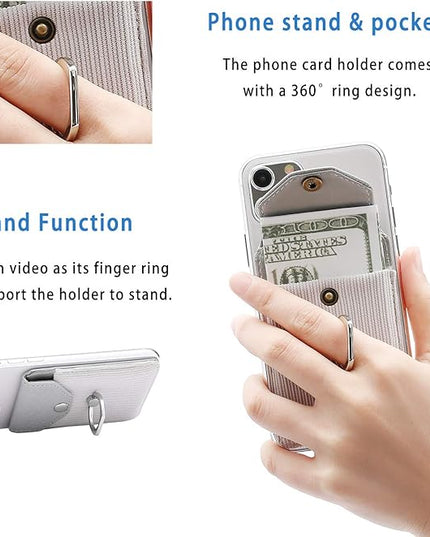 Cell Phone Card Holder RFID Ring Stand Stick on Wallet Card Holder for Back of Phone for iPhone Android and All Smartphones Adhesive Credit Card Holder for Cell Phone-Polyester Grey