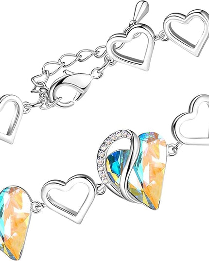 Leafael Infinity Love Heart Link Bracelets, Birthstone or Healing Stone Crystal Bracelet for Women, Silver Tone Jewelry Gifts for Her, 7-inch Chain and 2-inch Extender