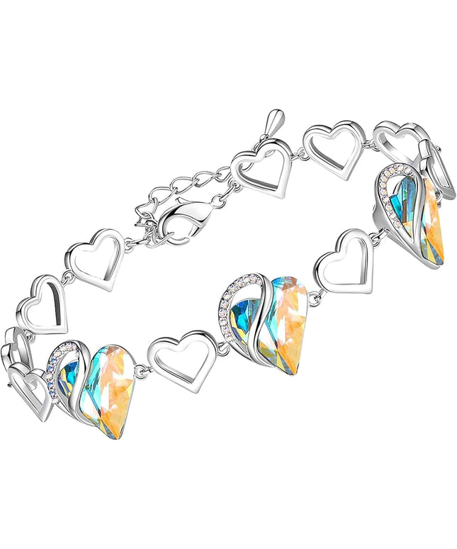 Leafael Infinity Love Heart Link Bracelets, Birthstone or Healing Stone Crystal Bracelet for Women, Silver Tone Jewelry Gifts for Her, 7-inch Chain and 2-inch Extender