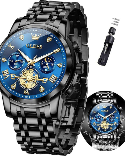 OLEVS Mens Watches Chronograph Watch Luxury Dress Stainless Steel Waterproof Watches for Men Moon Phase Luminous Business Calendar Wrist Watch Blue/Black/Green/Gold/Face