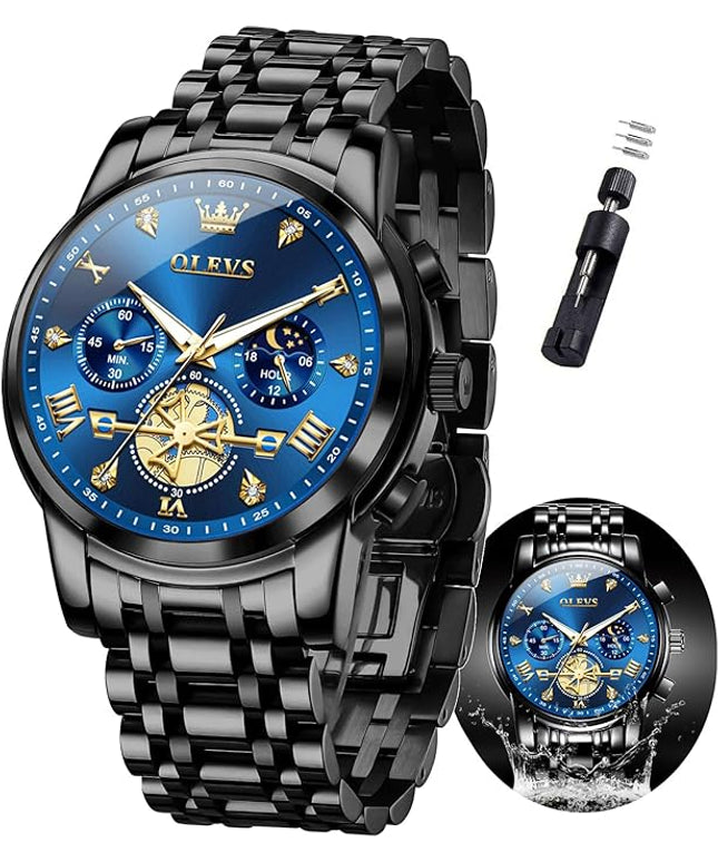 OLEVS Mens Watches Chronograph Watch Luxury Dress Stainless Steel Waterproof Watches for Men Moon Phase Luminous Business Calendar Wrist Watch Blue/Black/Green/Gold/Face