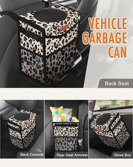 Car Trash Can with Lid, Cute Leakproof Car Trash Garbage Bag Hanging Vehicle Trash Bin Small Portable Automotive Garbage Cans Organizer for Back/Front Seat(Trapezoid,Leopard