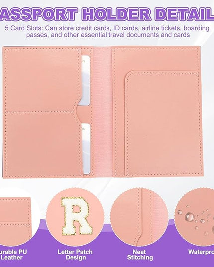 PATIKIL Passport Holder for Travel, Initial Passport Cover and Luggage Tag Set with Alphabet Chenille Letter Patch Travel Wallet Bag Suitcase Identifier for Women Family Travel Pink R