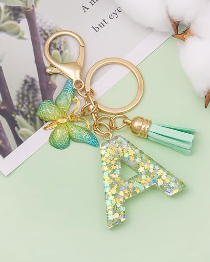 Fashion Alphabet Initial Letter Keychain Tassel Butterfly Pendant Key Ring for Purse Handbags Women Girl