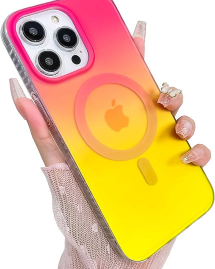 Aesthetic Case for iPhone 14 Pro Case for Women Girls, Compatible with Magsafe, Cute Girly Trendy Glitter Sparkly Rainbow Magnetic Protective Phone Cover, Matte Iridescent Red & Yellow