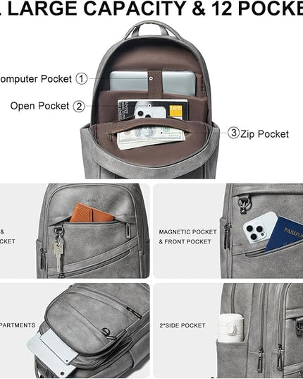 43L Backpack for Women Men - Vegan Leather Backpack Purse Travel Carry-on Bag College Bookbag Work fits 17" Laptop,DimGray