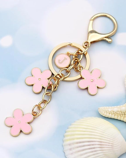 Cute Initial Letter Keyring for Women Girls Nice Flower Keychains for Handbag Backpack
