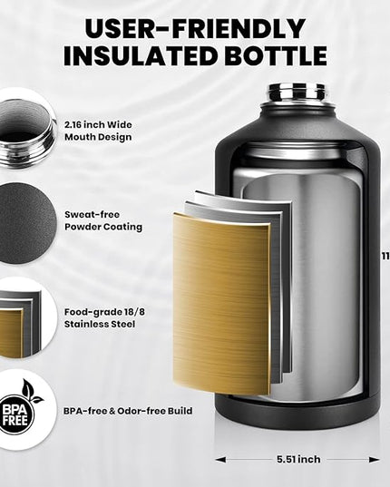 One Gallon Water Bottle Insulated, Triple Walled Vacuum Stainless Steel (Cold for 48 Hrs), Leak Proof & Non-BPA, Large Water Flask Jug with Paracord Handle & Straw Spout Lids
