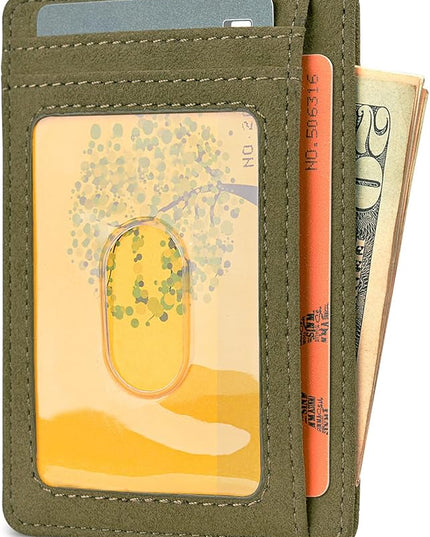 Buffway Slim Minimalist Front Pocket RFID Blocking Leather Wallets for Men and Women - At Sahara Desert Green