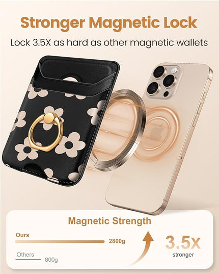 Shorogyt Compatible with Magsafe Wallet Magnetic Card Holder - Phone Wallets with Ring Grip Stand Cute Fashion for iPhone 17/16/15/14/13/12 Series for Women Girls Black Flower Design, Fit 3 Cards