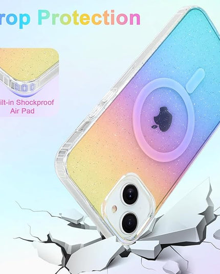 Glitter Case for iPhone 14 Plus & iPhone 15 Plus Case for Women Girls [ Compatible with Magsafe ] Clear Cute Girly Iridescent Rainbow Sparkly Bling Magnetic Phone Cover, Gradient Blue & Pink