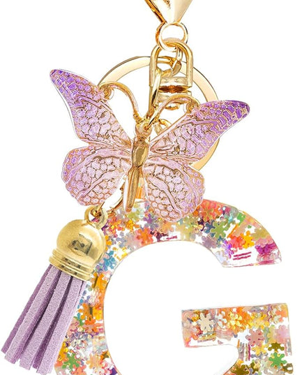 Fashion Alphabet Initial Letter Keychain Tassel Butterfly Pendant Key Ring for Purse Handbags Women Girl