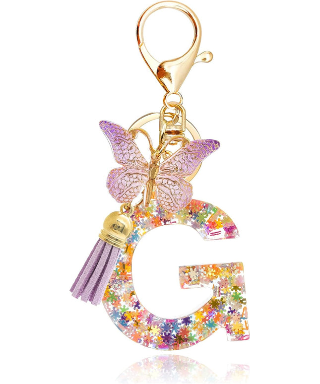 Fashion Alphabet Initial Letter Keychain Tassel Butterfly Pendant Key Ring for Purse Handbags Women Girl
