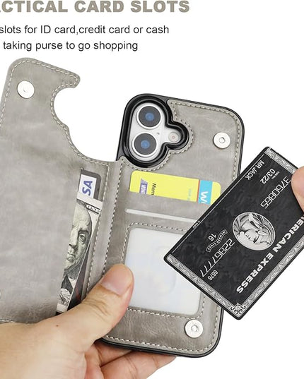 ONETOP Compatible with iPhone 17 Wallet Case with Card Holder, PU Leather Kickstand Card Slots Case, Double Magnetic Clasp and Durable Shockproof Cover 6.3 Inch (Gray)