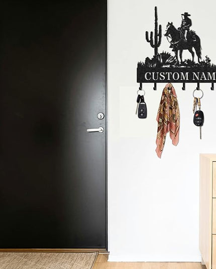 LOWACOS Personalized Key Holder for Wall, Custom Metal Cowboy Key Hooks with Name, Meta Jacket Holder Hooks Organizer Rack, Jacket Hanger Decor for Kitchen, Entryway, Hallway, Office, Doorway