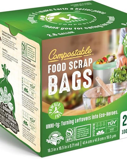 UNNI Compostable Trash Bags, 2.6 Gallon / 9.84 Liter, 100 Count, Extra Thick 0.71 Mil Small Kitchen Food Scrap Bin Liners, Certified by BPI, CMA & OK compost HOME, Meets the ASTM D6400 Standard