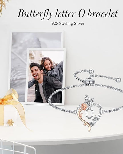 TOUPOP Gifts for Women Rose Heart Initial Bracelet 925 Sterling Silver Butterfly Letter Link Bracelet Love Jewelry Valentines Day Birthday Gifts for Her Wife Girlfriend Mom