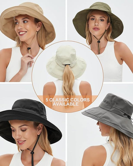 Sun Hats for Women, Wide Brim Waterproof Bucket Hat, Summer Beach Packable Ponytail Hat,UPF 50+ UV Protection