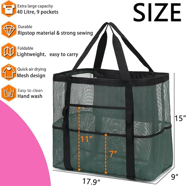 Mesh Beach Bag, Large Beach Tote with Zipper Pocket, Toys Pool Bag for Family Travel Vacation Cruise Essentials